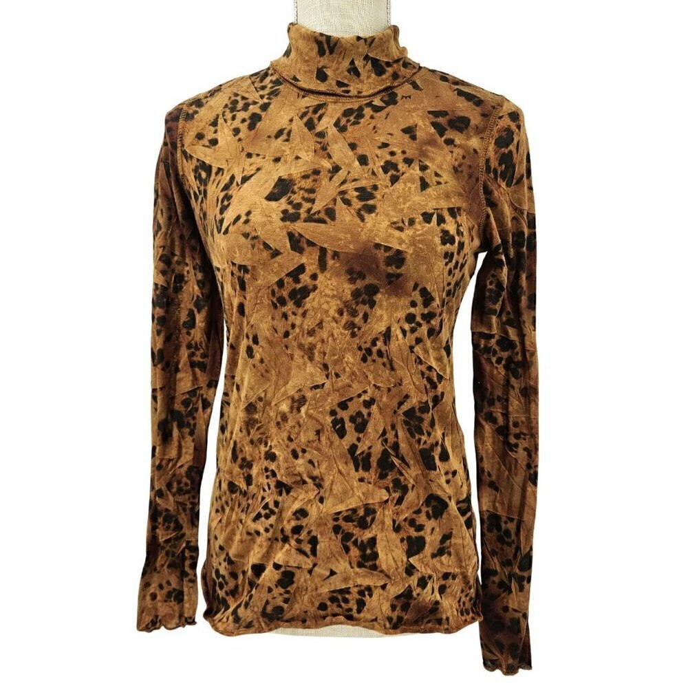 Sno Skins Leopard Print Turtleneck Top Brown Women's XS Slim Preppy Lounge Wear